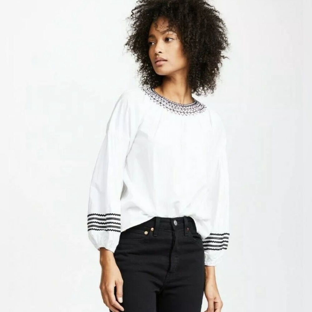 JOIE GHADA EMBROIDERED 3/4 SLEEVE PEASANT BLOUSE CLEAN WHITE